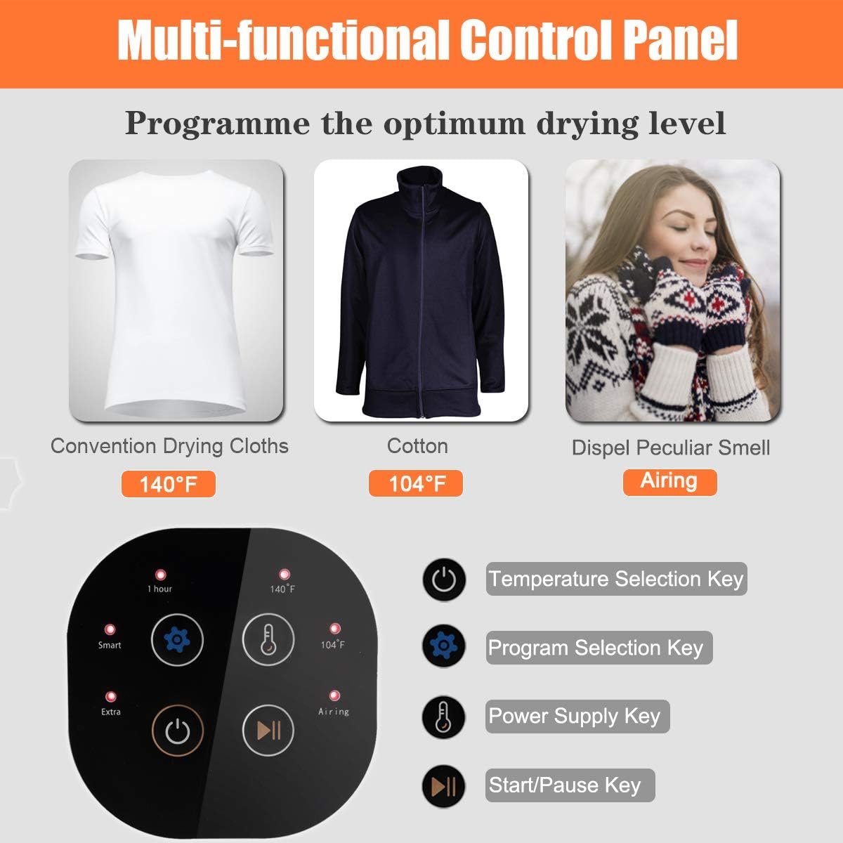 COSTWAY, 13.2 lbs Capacity Front Load Compact Tumble Laundry Stainless Steel Tub, Easy Control Button Panel Downside for Variety Drying Mode, White 1700W Electric Portable Clothes Dryer - Image 2