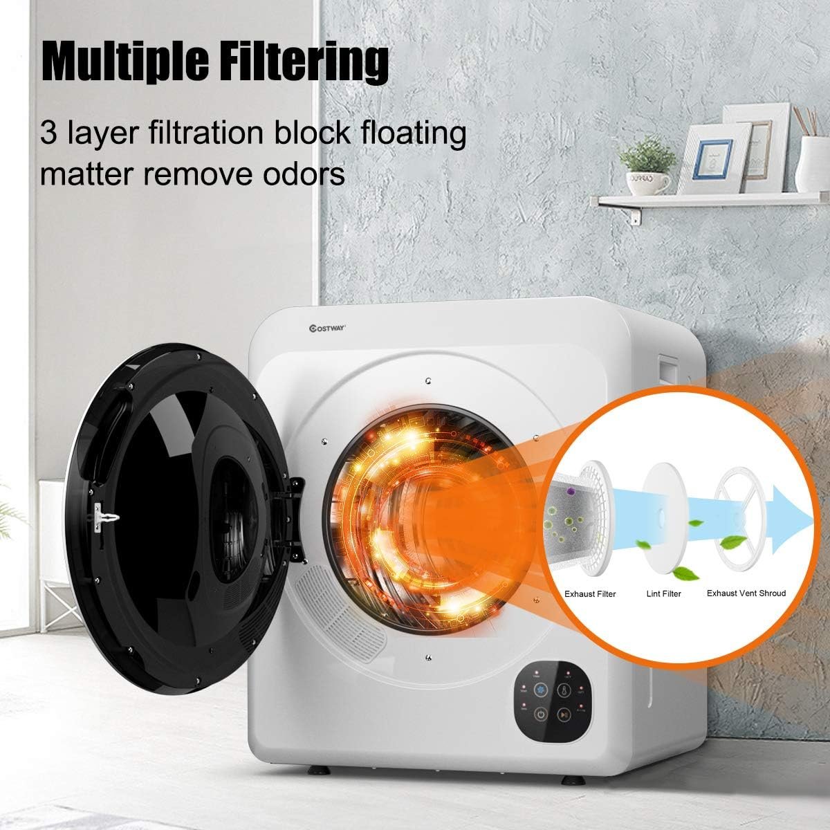 COSTWAY, 13.2 lbs Capacity Front Load Compact Tumble Laundry Stainless Steel Tub, Easy Control Button Panel Downside for Variety Drying Mode, White 1700W Electric Portable Clothes Dryer - Image 8