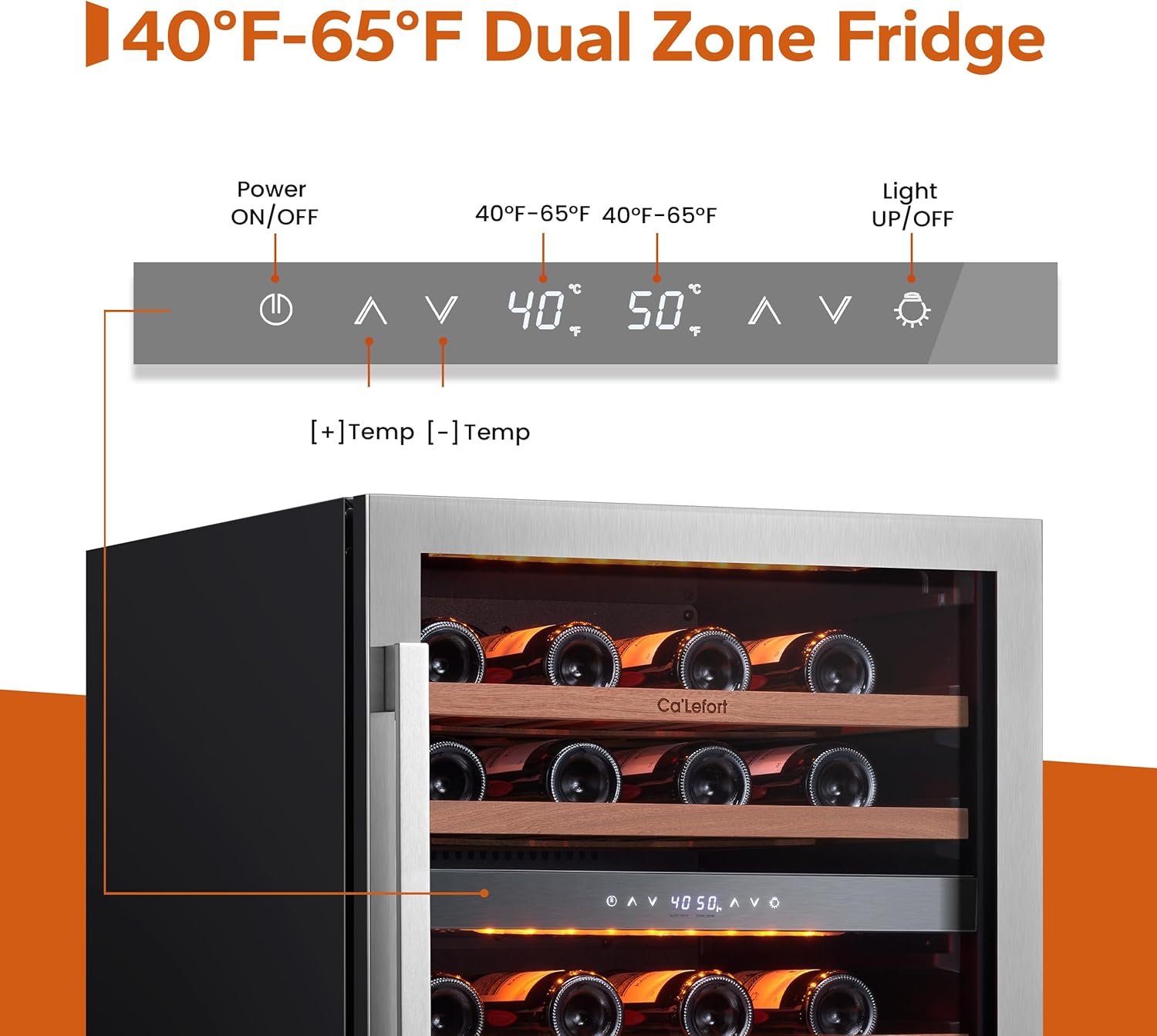 Ca'Lefort Wine Fridge & Cooler - 24 Inch 46 Bottle Wine Cooler Refrigerator, 40-65°F Dual Zone Wine Refrigerator Glass Door, 3 LED Built-in or Freestanding Fridge for Home/Bar/Kitchen (5.65 cu.ft) - Image 2