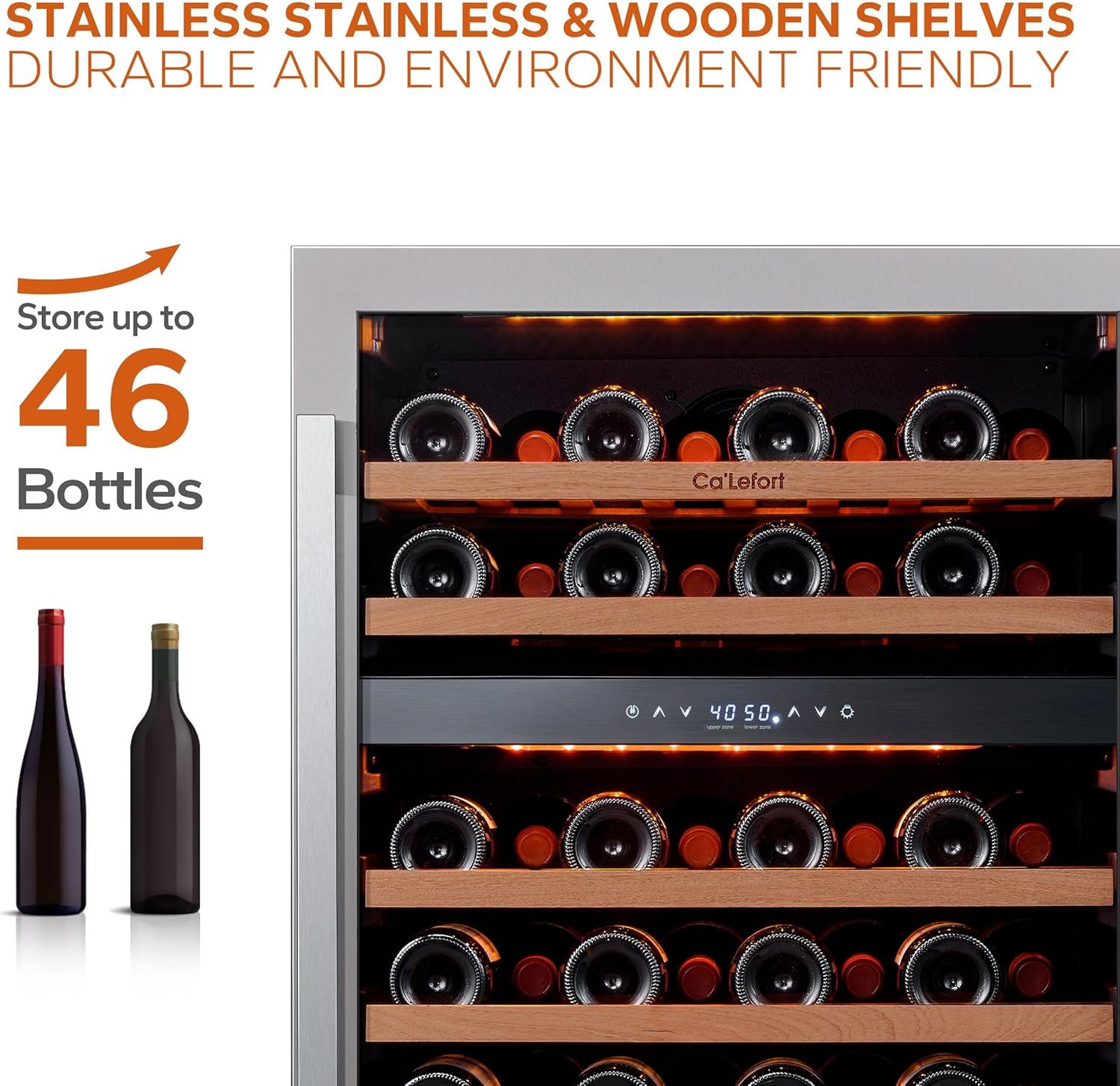 Ca'Lefort Wine Fridge & Cooler - 24 Inch 46 Bottle Wine Cooler Refrigerator, 40-65°F Dual Zone Wine Refrigerator Glass Door, 3 LED Built-in or Freestanding Fridge for Home/Bar/Kitchen (5.65 cu.ft) - Image 3