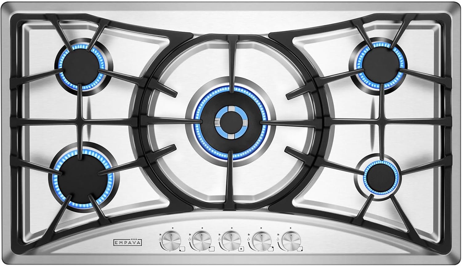 Empava 36 in. Gas Stove Cooktop with 5 Sealed Burners-Heavy Duty Continuous Grates-NG/LPG Convertible, 36 Inch, Stainless Steel