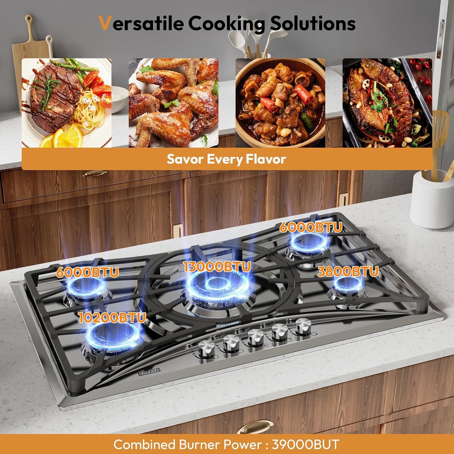 Empava 36 in. Gas Stove Cooktop with 5 Sealed Burners-Heavy Duty Continuous Grates-NG/LPG Convertible, 36 Inch, Stainless Steel - Image 3
