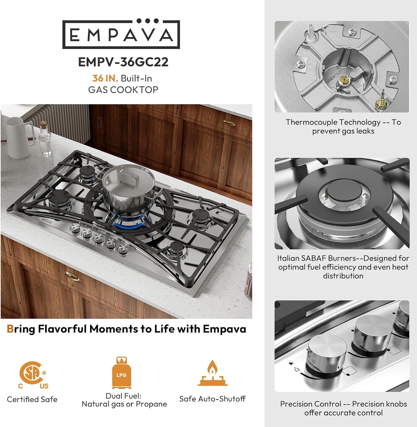 Empava 36 in. Gas Stove Cooktop with 5 Sealed Burners-Heavy Duty Continuous Grates-NG/LPG Convertible, 36 Inch, Stainless Steel - Image 5