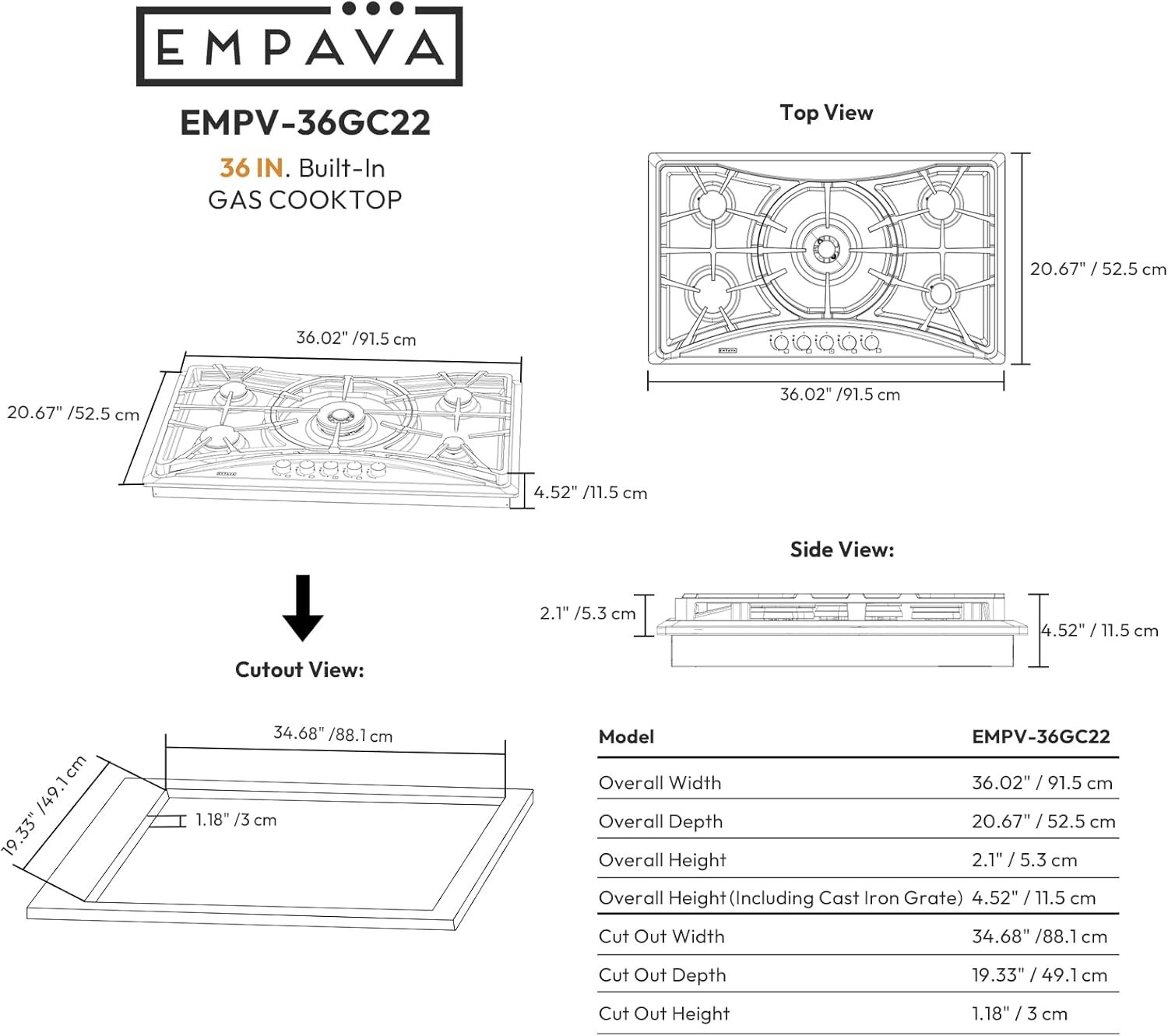 Empava 36 in. Gas Stove Cooktop with 5 Sealed Burners-Heavy Duty Continuous Grates-NG/LPG Convertible, 36 Inch, Stainless Steel - Image 6