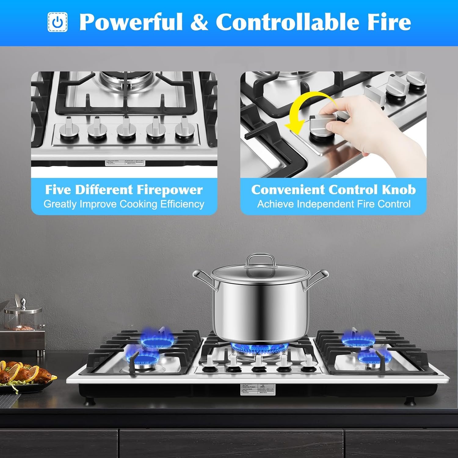 Gas Cooktop NG/LPG Gas Stove Cooktop Stove Burner Tempered Glass Cook Top Built in 5 Burners Gas Hob Grate Stovetop Cooker (5 Burners, 34'' x 20'') - Image 3