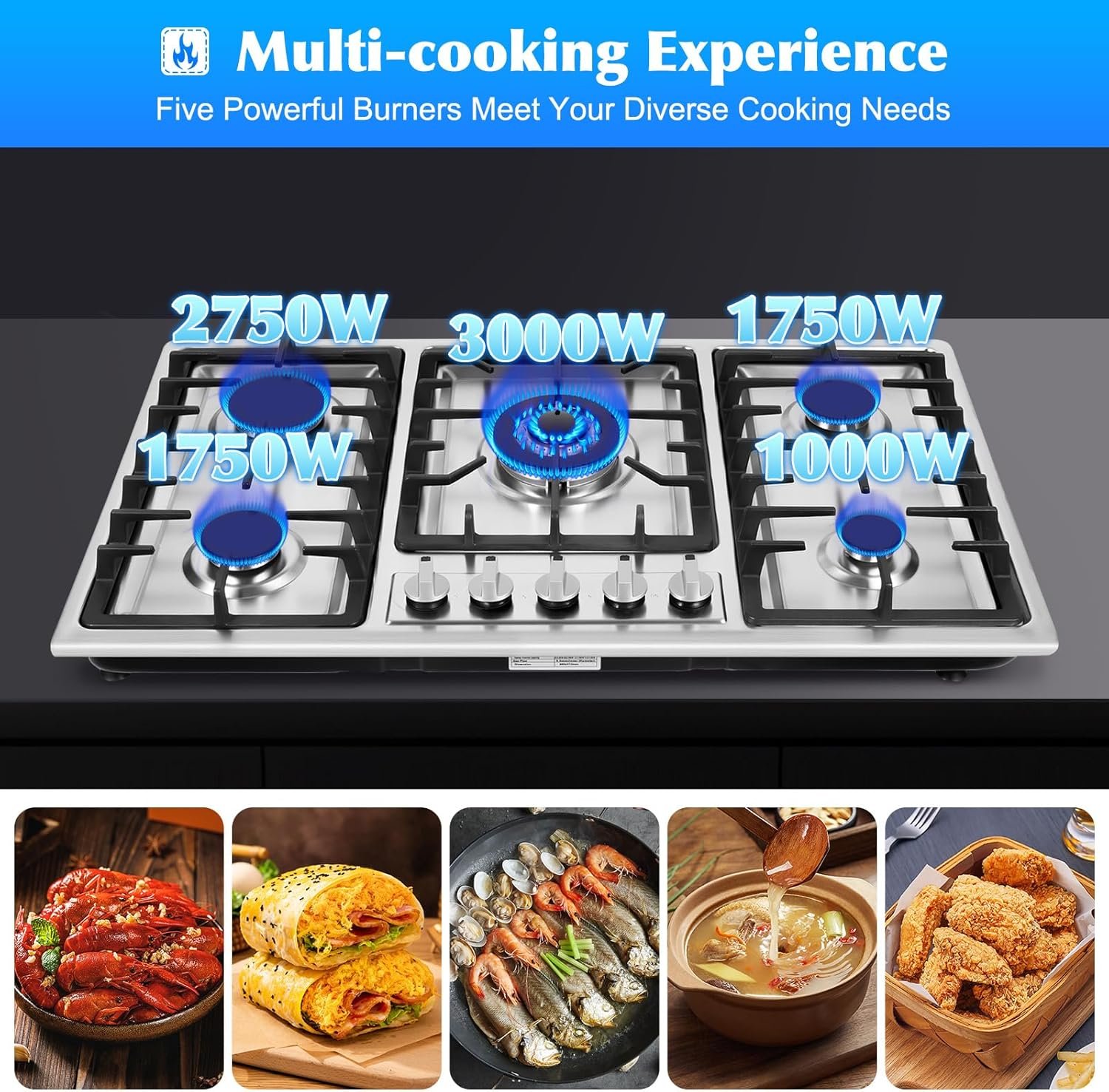 Gas Cooktop NG/LPG Gas Stove Cooktop Stove Burner Tempered Glass Cook Top Built in 5 Burners Gas Hob Grate Stovetop Cooker (5 Burners, 34'' x 20'') - Image 4