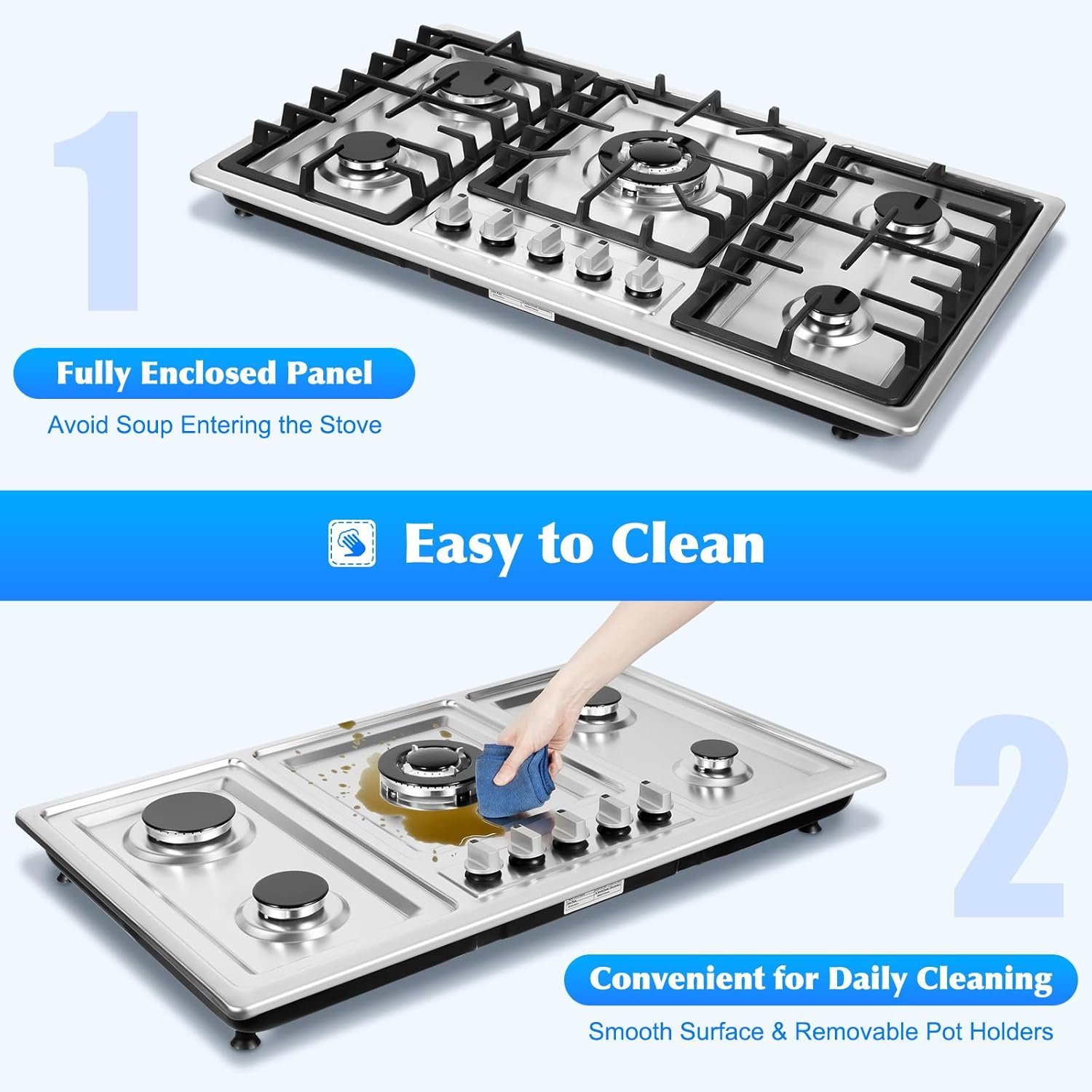 Gas Cooktop NG/LPG Gas Stove Cooktop Stove Burner Tempered Glass Cook Top Built in 5 Burners Gas Hob Grate Stovetop Cooker (5 Burners, 34'' x 20'') - Image 5