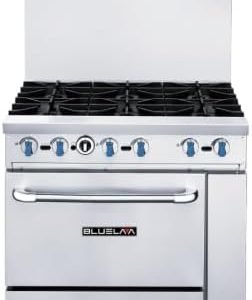 Commercial Gas Range, 6 Open Burners, 36W x 31-1/2D x 56H inches, 180000 BTU LPG/198000 BTU NG, Hot Plate with Oven