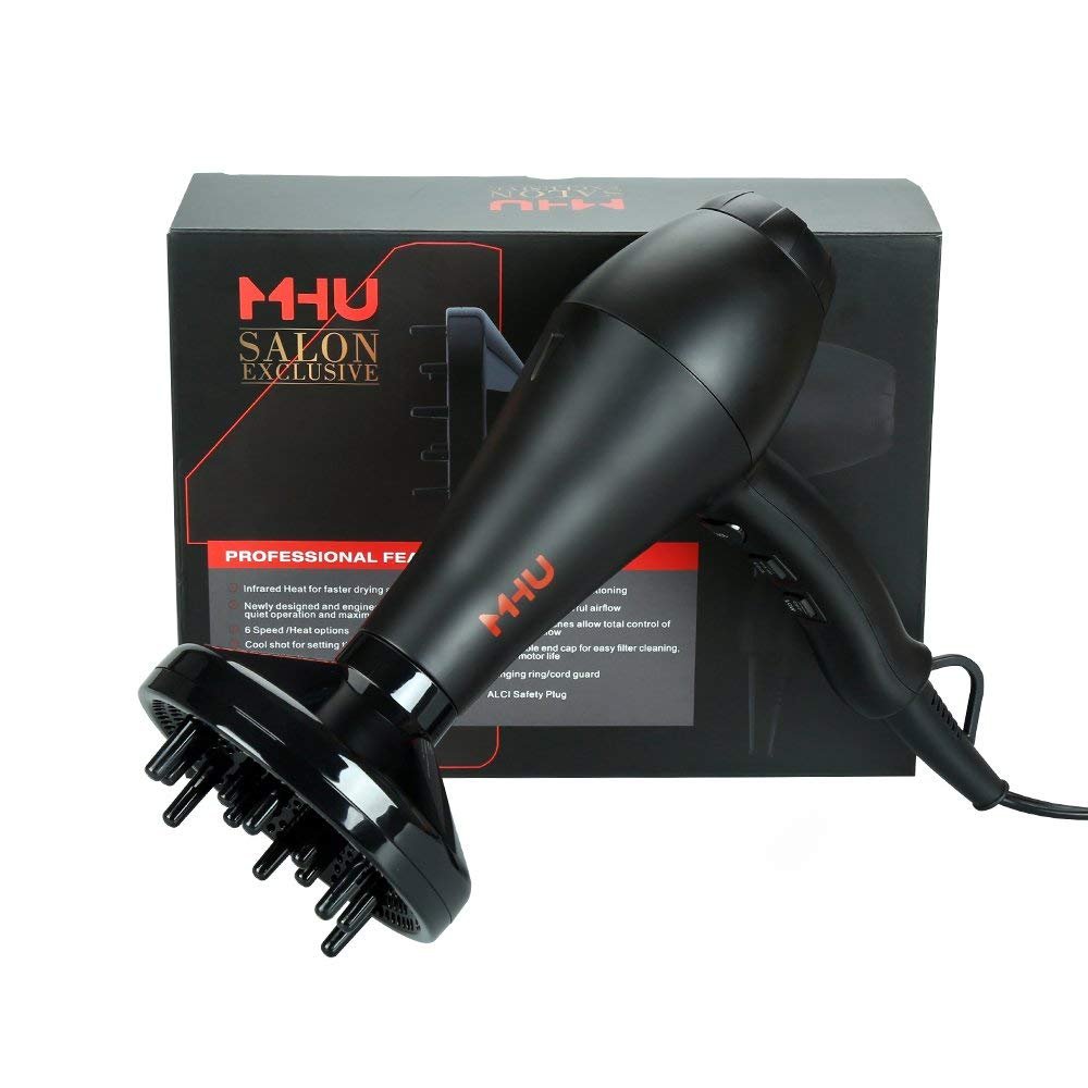 MHU Professional Salon Grade 1875w Low Noise Ionic Ceramic Ac Infrared Heat Hair Dryer Plus One Concentrator and One Diffuser Black Color - Image 6