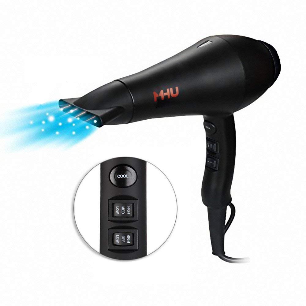 MHU Professional Salon Grade 1875w Low Noise Ionic Ceramic Ac Infrared Heat Hair Dryer Plus One Concentrator and One Diffuser Black Color - Image 2