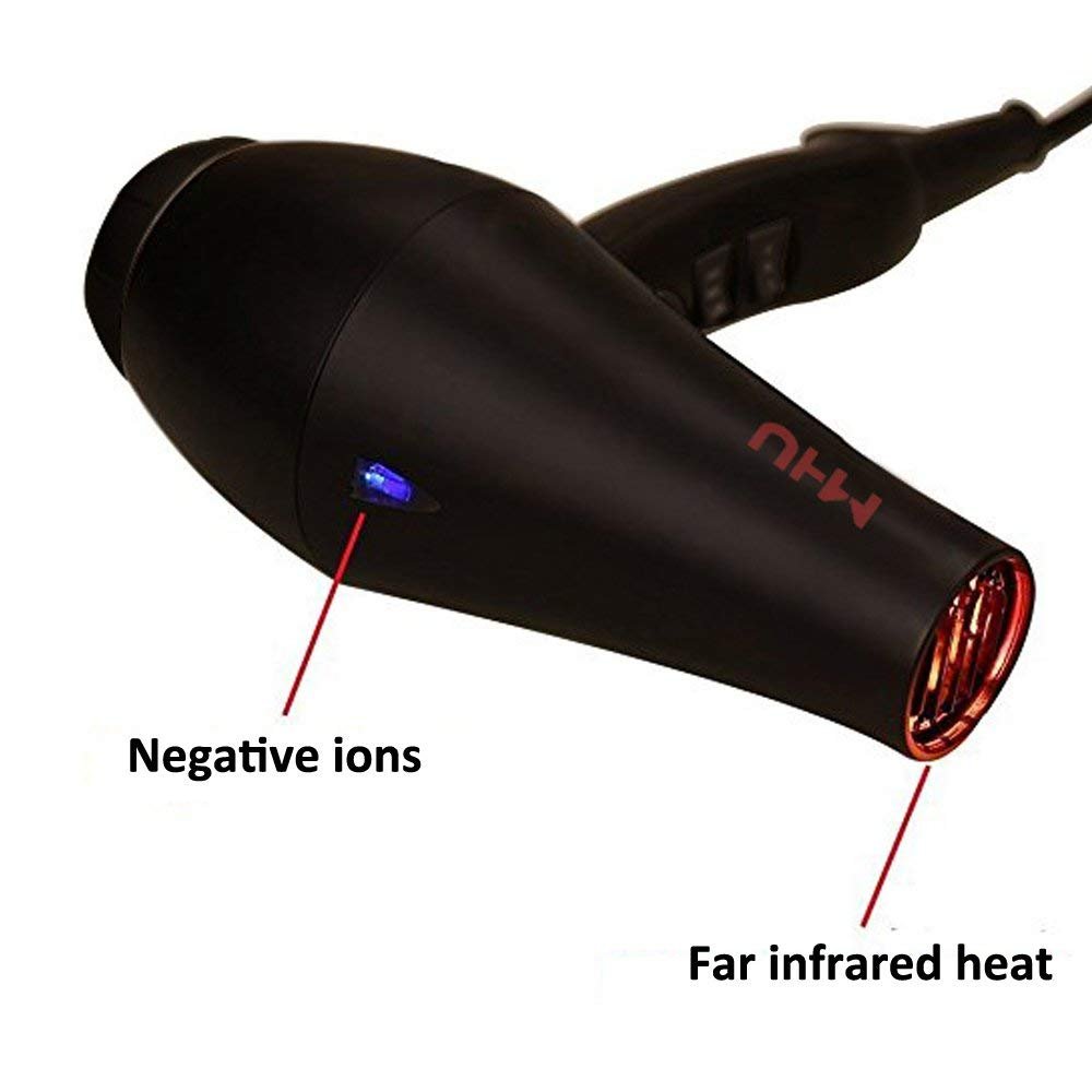 MHU Professional Salon Grade 1875w Low Noise Ionic Ceramic Ac Infrared Heat Hair Dryer Plus One Concentrator and One Diffuser Black Color - Image 7