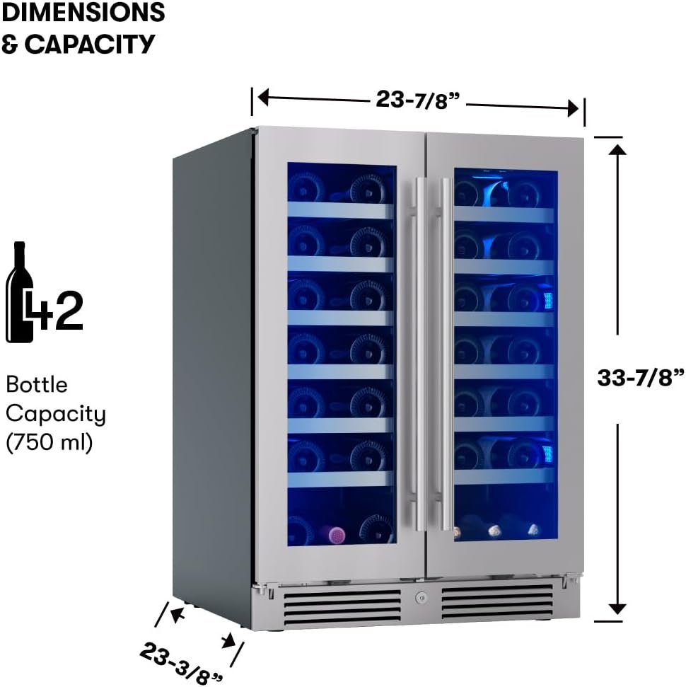 Zephyr Presrv 24" Wine Fridge Dual Zone Under Counter - Countertop Mini Wine Cooler Cellars Small Cabinet Wine Refrigerator Home Bar Chiller Freestanding with French Glass Door, 21 Bottles 750ml - Image 3