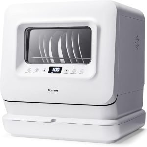 COSTWAY Portable Countertop Dishwasher, Compact Dishwasher with 7.5 L Built-in Water Tank, 360° Dual Spray Arms, 5 Washing Programs, Air-Dry Function, Child Lock, Mini Dishwasher for Apartment, RV