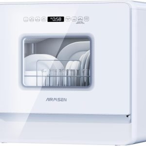 AIRMSEN Countertop Dishwasher Complete 2-Level Rack, Portable Dishwashers with 5L Built-in Water Tank, 3-Spray Arms & 12H Delay Start, No Hookup Needed, A01, White