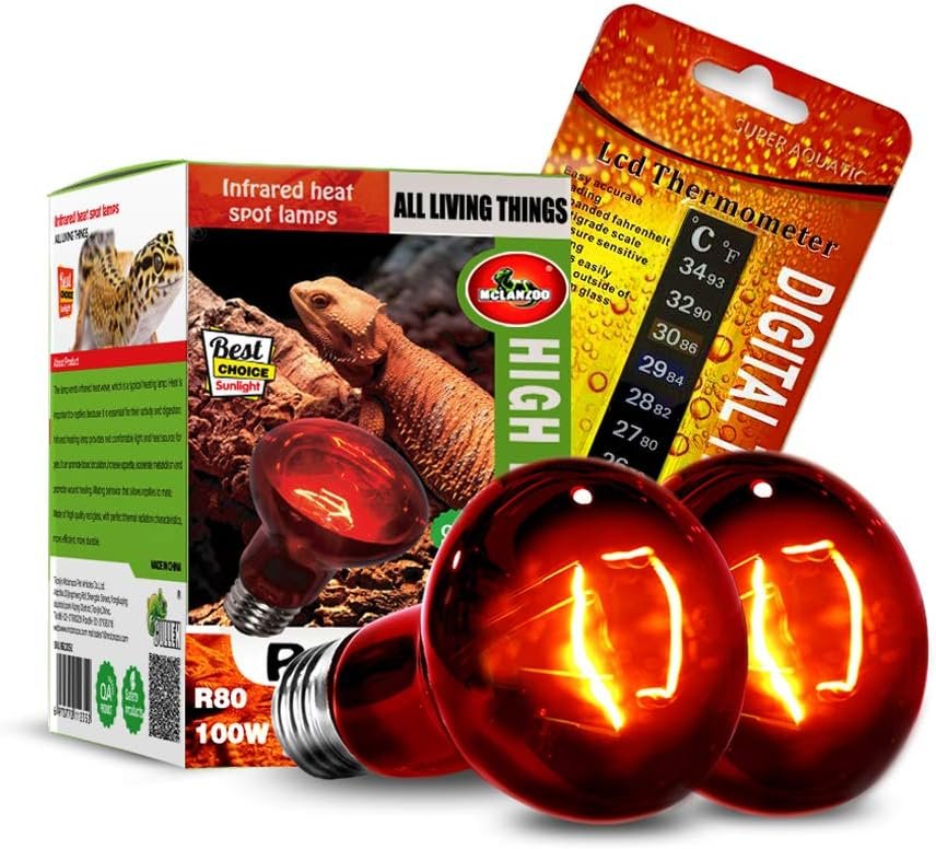 Infrared Heat Lamp Bulbs 100W 2 Pack,Red Basking Spot Light Bulb Reptile Heating lamp for Bearded Dragon,Turtle,Snake,Leopard Gecko,Chicked with Digital Temperature Thermometer