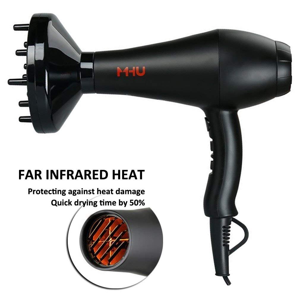 MHU Professional Salon Grade 1875w Low Noise Ionic Ceramic Ac Infrared Heat Hair Dryer Plus One Concentrator and One Diffuser Black Color - Image 3