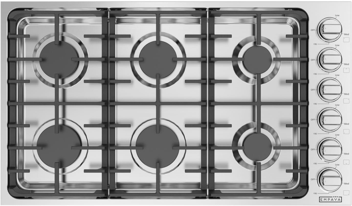 Empava 36 Inch Gas Stove Cooktop with 6 Sealed Burner NG/LPG Convertible in Stainless Steel, Fivе Расk
