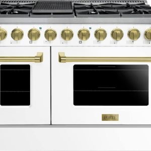 Forte FGR488BWW 48-Inch Freestanding All Gas Range with Natural Gas in White with Brass Trim