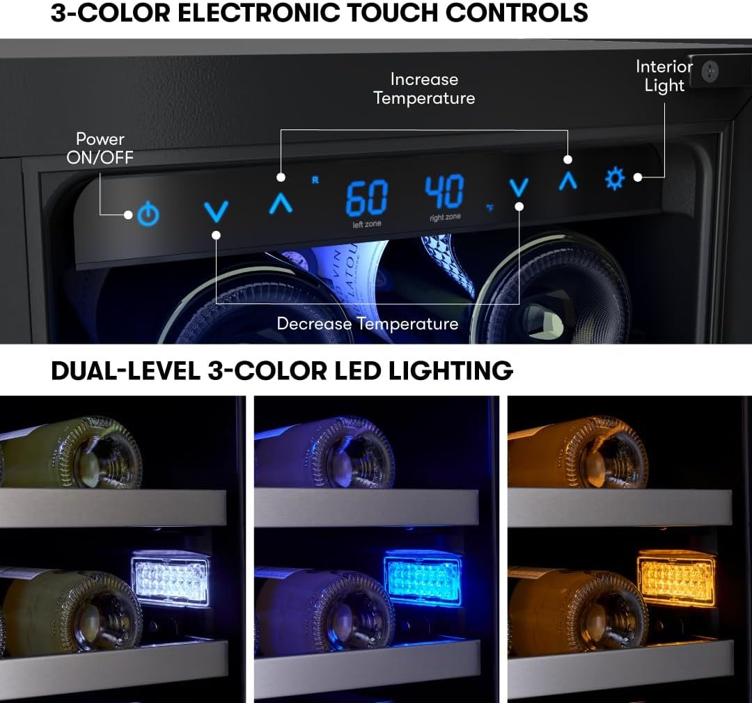 Zephyr Presrv 24" Wine Fridge Dual Zone Under Counter - Countertop Mini Wine Cooler Cellars Small Cabinet Wine Refrigerator Home Bar Chiller Freestanding with French Glass Door, 21 Bottles 750ml - Image 4