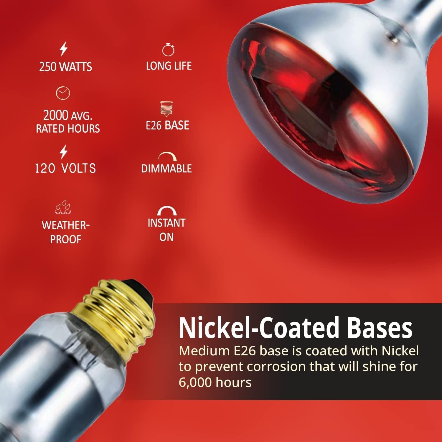 250 Watts R40 Red Heat lamp Light Bulbs Infrared Flood Reflector Incandescent Spotlight for Food Service, Brooder Bulb, Chicken, Pet, Bathroom, Light Therapy 250R40/HR Medium E26 Base 1 Pack - Image 3