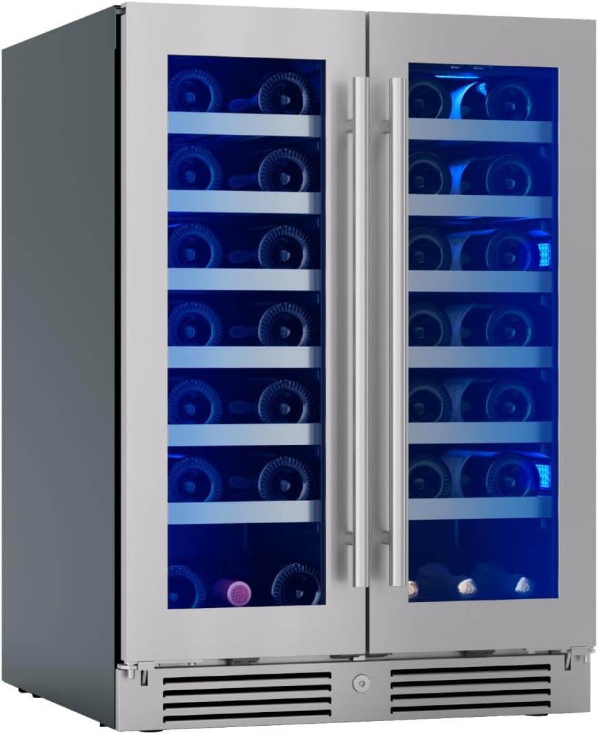 Zephyr Presrv 24" Wine Fridge Dual Zone Under Counter - Countertop Mini Wine Cooler Cellars Small Cabinet Wine Refrigerator Home Bar Chiller Freestanding with French Glass Door, 21 Bottles 750ml