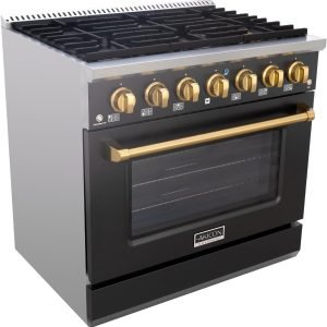 Akicon 36 Inch Freestanding Gas Range - Gas Oven Stove with 6 Sealed Burners, Heavy Duty Cast Iron Grates - 5.2 cu. ft. Capacity Rapid Convection Oven with Blue Porcelain Interior (Black & Gold)