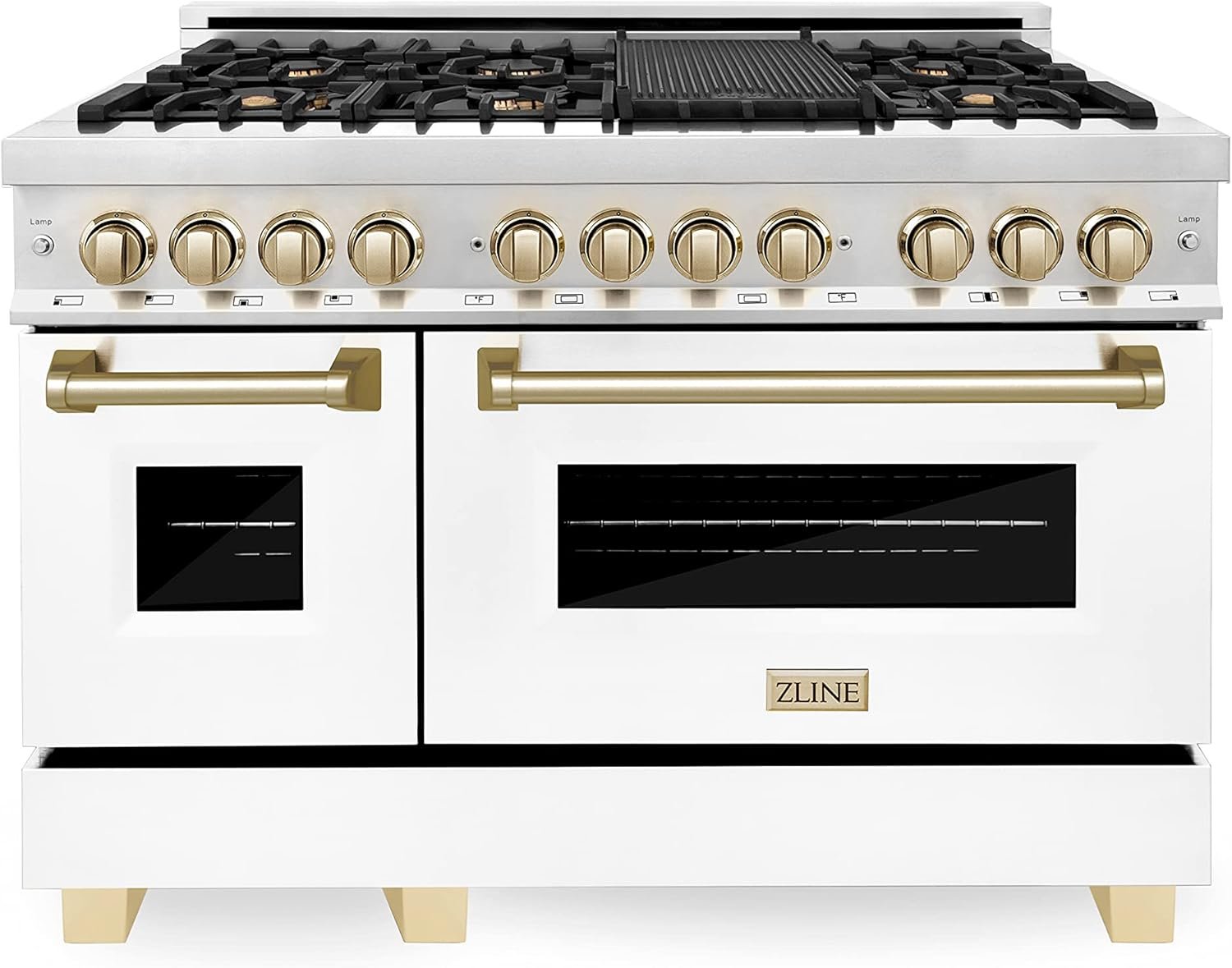 ZLINE Autograph Edition 48 in. 6.0 cu. ft. Legacy Dual Fuel Range with 7 Burner Gas Cooktop and 2 Electric Ovens in Stainless Steel with White Matte Doors and Polished Gold Accents (RAZ-WM-48-G)