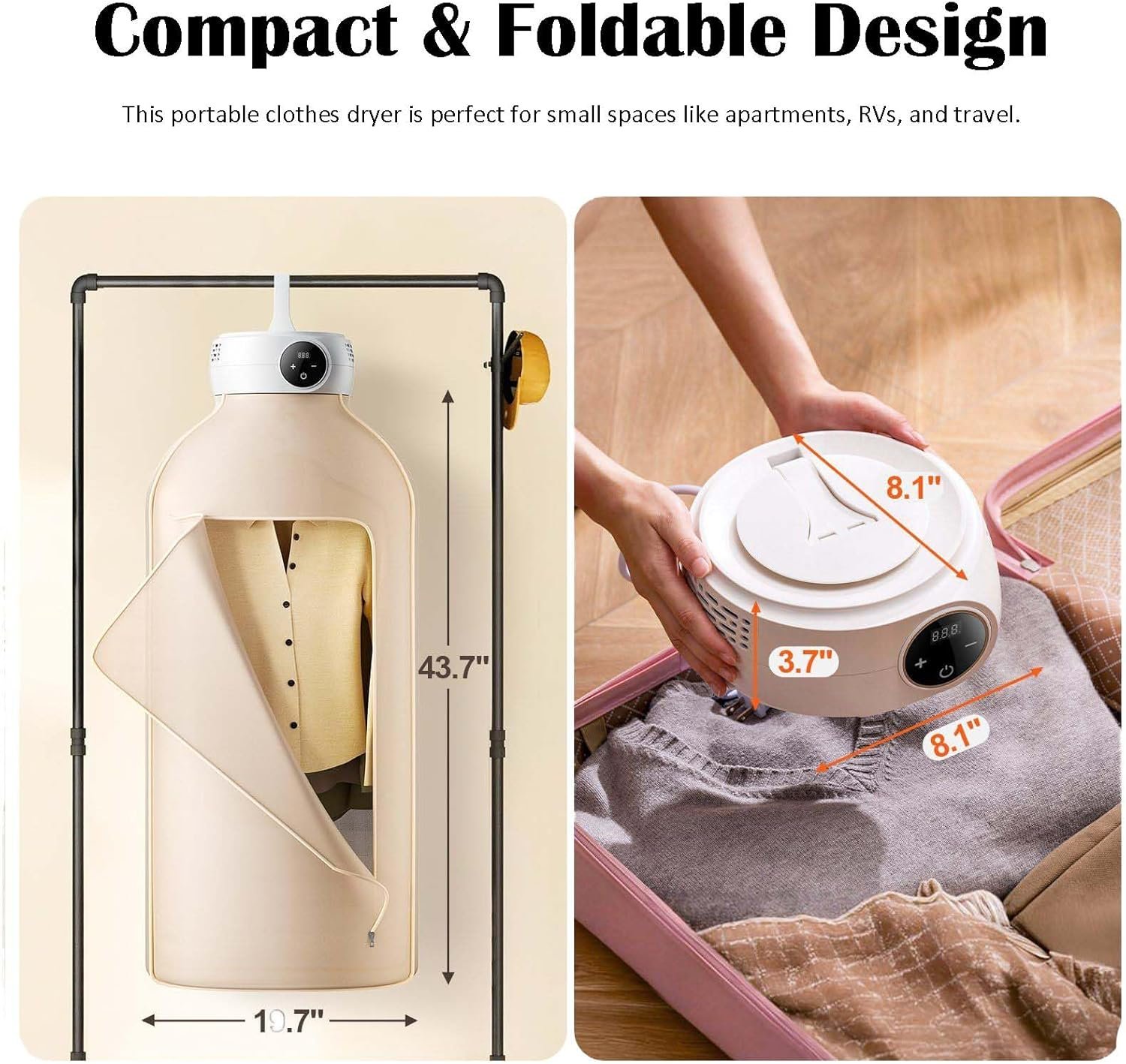 Portable Clothes Dryer, Compact Mini Electric Laundry Dryer with Dryer Bag, PTC Heating & LED Display, Foldable Drying Machine with 5-H Timer for Light Clothes, Underwear, Trousers, White - Image 2