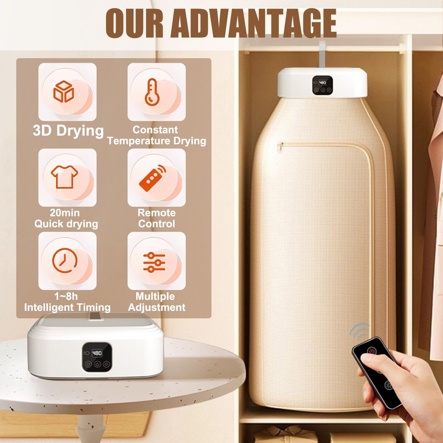 Portable Clothes Dryer, Convenient Compact Mini Laundry Dryers with Remote Control/Dryer Bag/1-8 Hours Timing/2-Speed Adjustment,Foldable Small Electric Dryer Machine, for Travel, Apartment, RV, Dorm - Image 3