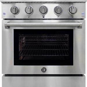 BRAMA Gas Range with 4 Burner Cooktop, Freestanding 30-Inch with Porcelain Convection Oven and Broil Function, Continuous Grates with Stainless Steel Construction, 4.2 Cu.Ft., Metallic