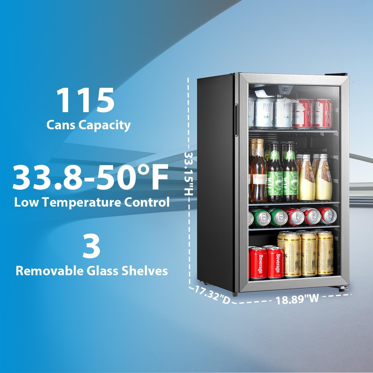 Midea MERV115T3AST 115 Cans Beverage Refrigerator with Adjustable Temperature, Removable Glass Shelf, LED Light, Silver - Image 2