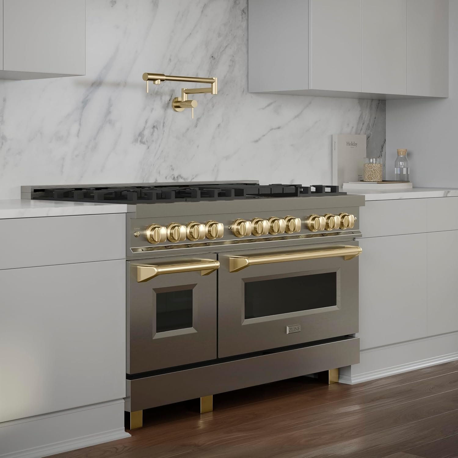 ZLINE Autograph Edition 48 in. 6.0 cu. ft. Legacy Dual Fuel Range with 7 Burner Gas Cooktop and 2 Electric Ovens in Stainless Steel and Polished Gold Accents (RAZ-48-G) - Image 7