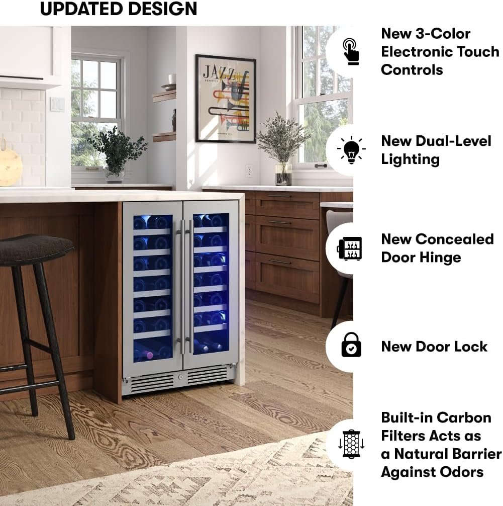 Zephyr Presrv 24" Wine Fridge Dual Zone Under Counter - Countertop Mini Wine Cooler Cellars Small Cabinet Wine Refrigerator Home Bar Chiller Freestanding with French Glass Door, 21 Bottles 750ml - Image 6