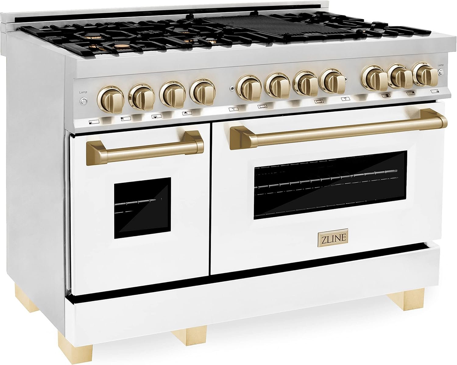 ZLINE Autograph Edition 48 in. 6.0 cu. ft. Legacy Dual Fuel Range with 7 Burner Gas Cooktop and 2 Electric Ovens in Stainless Steel with White Matte Doors and Polished Gold Accents (RAZ-WM-48-G) - Image 3
