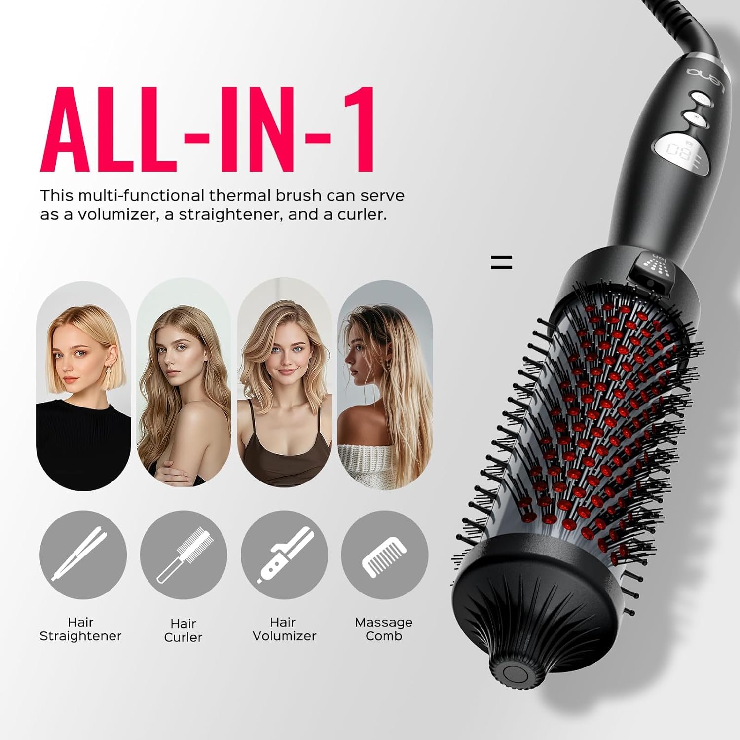 Thermal Brush,LENA 1.5 Inch All-in-1 blowout brush with Titanium Barrel-Infrared&Negative Ion Technology,Smooth,Frizz-Free Blowout,Styling&Drying Tool,5 Heat Settings,LED Display,Easy to Use,Black - Image 2