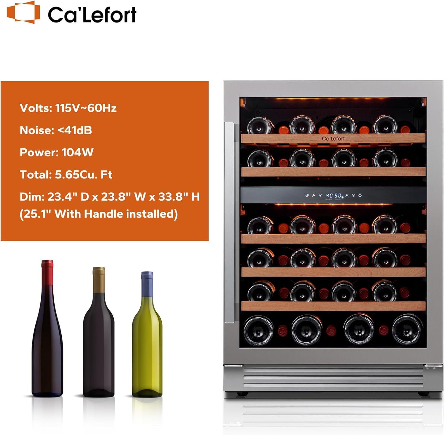 Ca'Lefort Wine Fridge & Cooler - 24 Inch 46 Bottle Wine Cooler Refrigerator, 40-65°F Dual Zone Wine Refrigerator Glass Door, 3 LED Built-in or Freestanding Fridge for Home/Bar/Kitchen (5.65 cu.ft) - Image 8