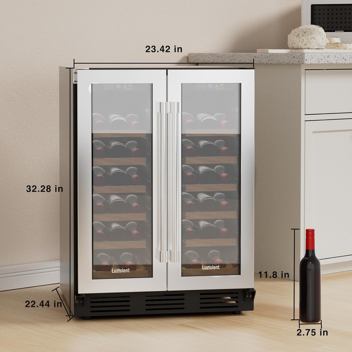 34 Bottles Wine Cooler, 24 Inch Wine Fridge Dual Zone, Built-in or Under Counter, 41-64°F Digital Touchscreen, Triple-Layer Glass, Two French Door Wine Cellar for Home, Commercial, Bar - Image 7