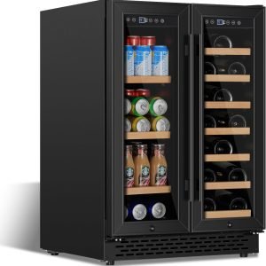 24 Inch Wine and Beverage Refrigerator Under Counter, Dual Zone Black Beverage Fridge with Glass Door&Lock,20 Bottles & 88 Cans Wine and Beverage Cooler, Freestanding Mini Fridge for Bedroom Home