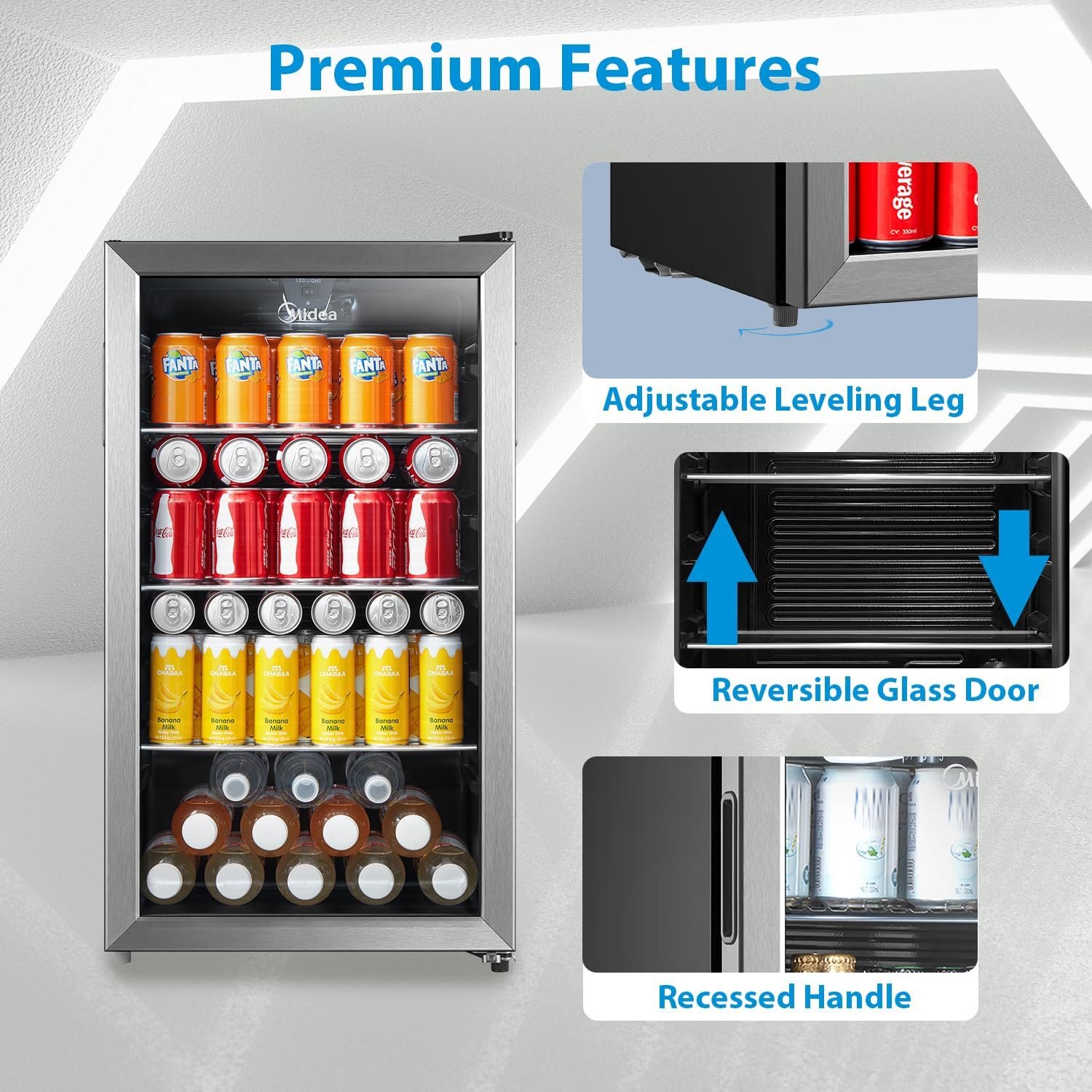 Midea MERV115T3AST 115 Cans Beverage Refrigerator with Adjustable Temperature, Removable Glass Shelf, LED Light, Silver - Image 4