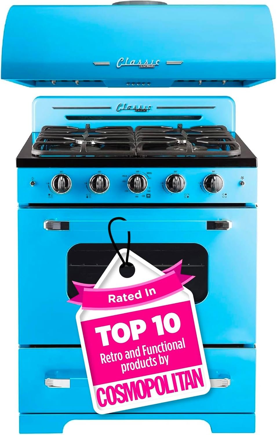 Unique Appliances UGP-30CRP-RB Classic Retro 2-Piece Freestanding Gas 3 Fan Speed-Electric Hood, Range with Convection Oven and 4 Burners, 30", Ocean Mist Turquoise
