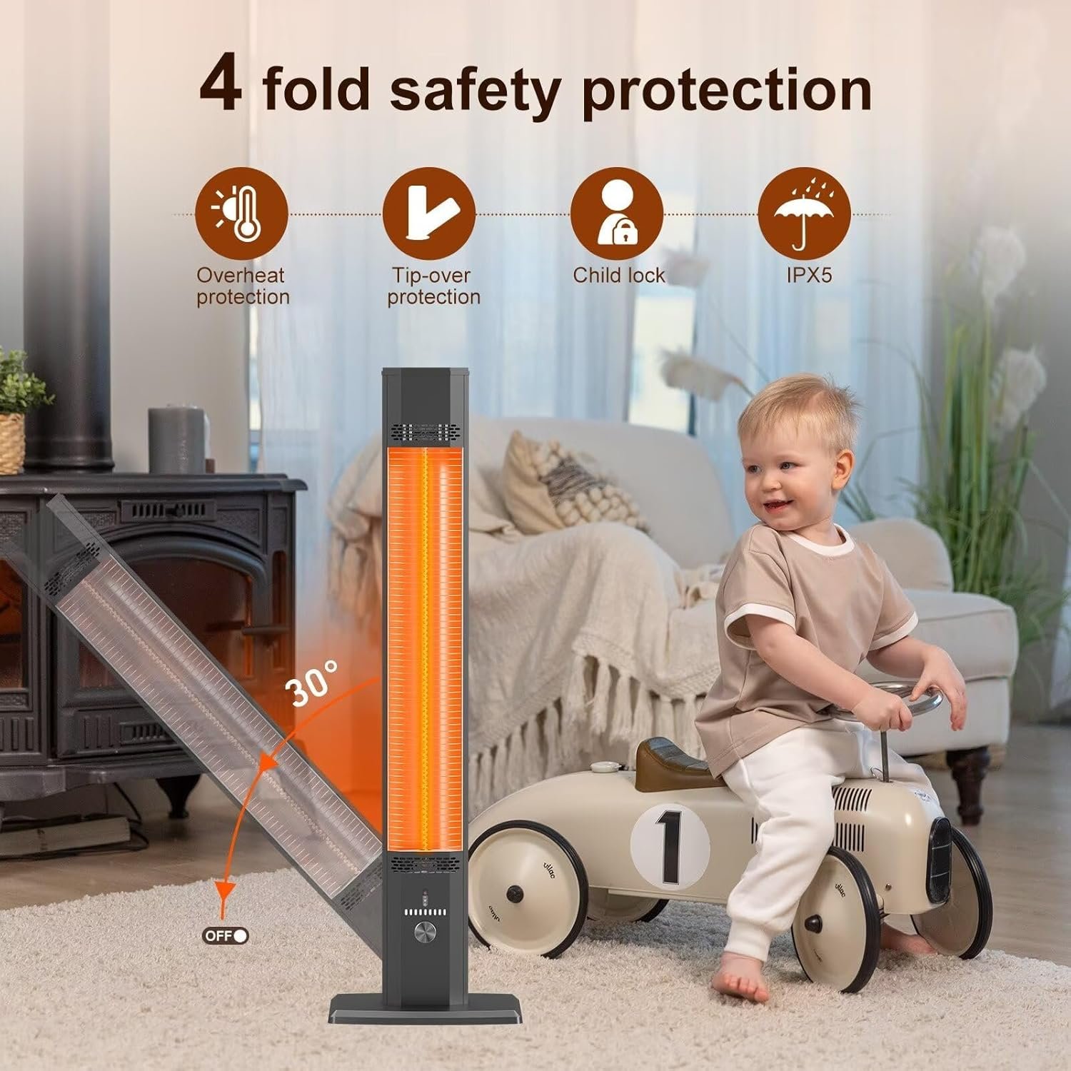 Outdoor Patio Heater with 9 Heat Levels,Space Heater for Garage Backyard Room Indoor,1500W Fast Electric Infrared Heater,9H Timers,Waterproof,Child Lock,Black Large - Image 4