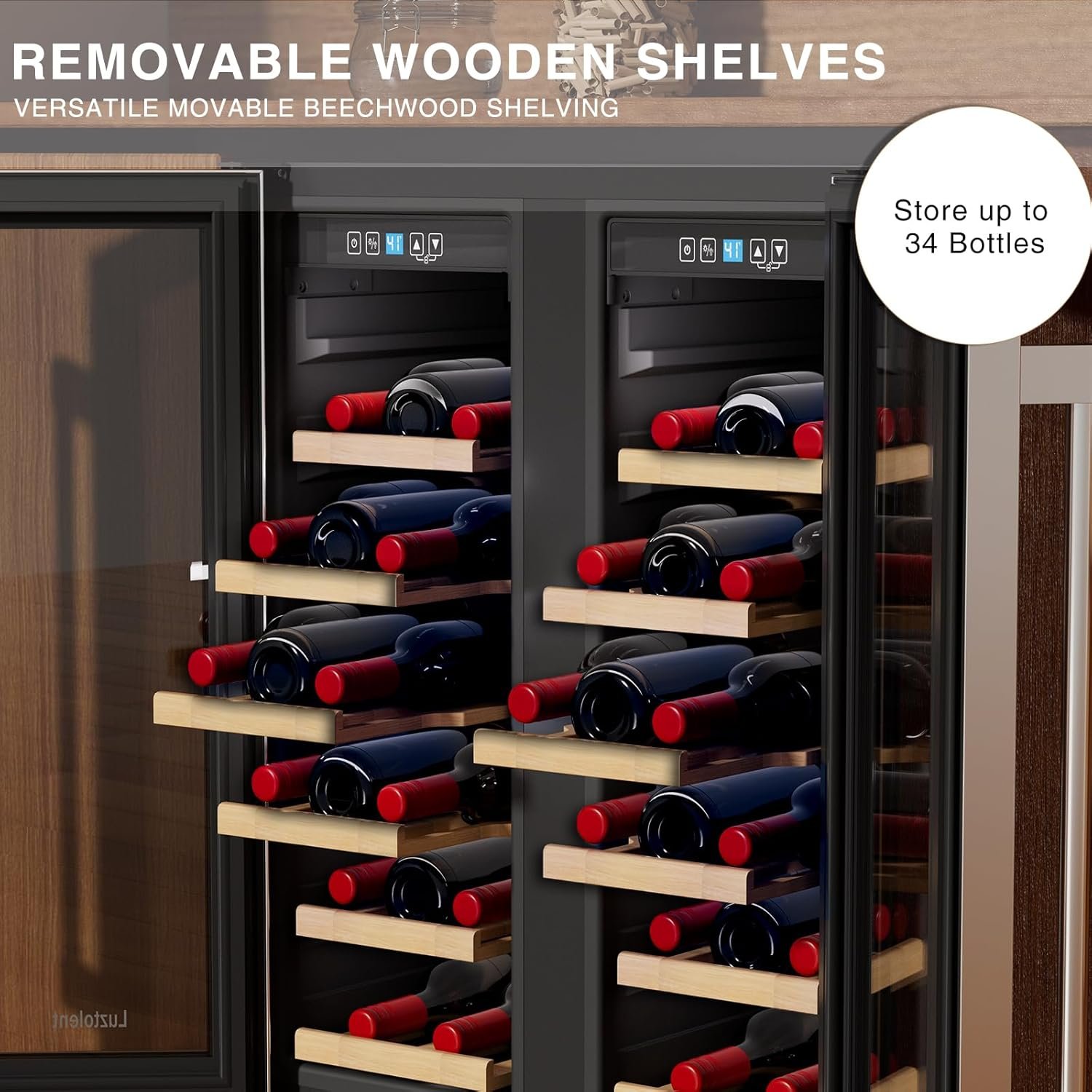 34 Bottles Wine Cooler, 24 Inch Wine Fridge Dual Zone, Built-in or Under Counter, 41-64°F Digital Touchscreen, Triple-Layer Glass, Two French Door Wine Cellar for Home, Commercial, Bar - Image 5