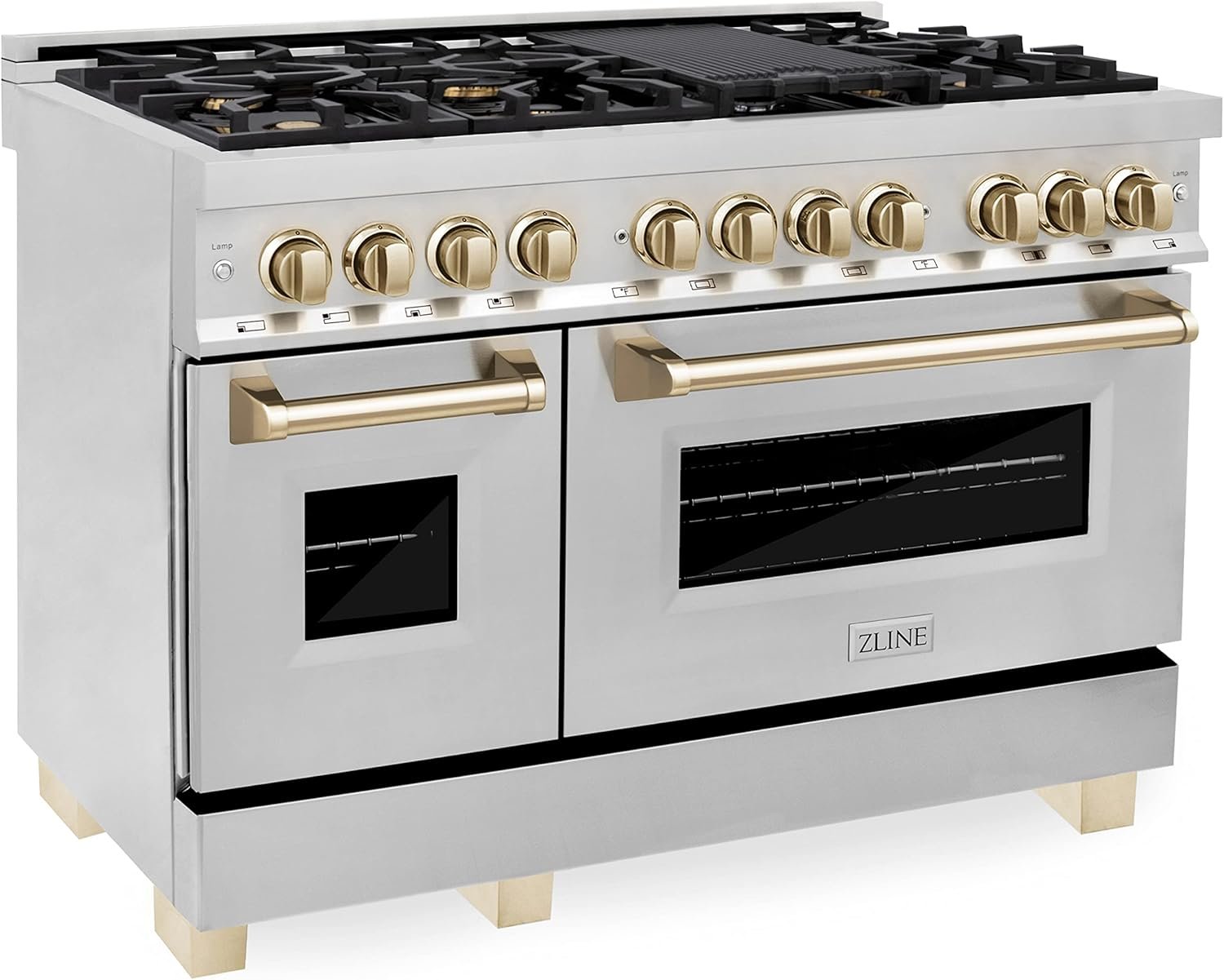ZLINE Autograph Edition 48 in. 6.0 cu. ft. Legacy Dual Fuel Range with 7 Burner Gas Cooktop and 2 Electric Ovens in Stainless Steel and Polished Gold Accents (RAZ-48-G) - Image 2