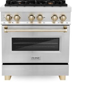 ZLINE Autograph Edition 30 in. 4.0 cu. ft. Legacy Dual Fuel Range with 4 Burner Gas Cooktop and Electric Convection Oven in Stainless Steel and Polished Gold Accents (RAZ-30-G)