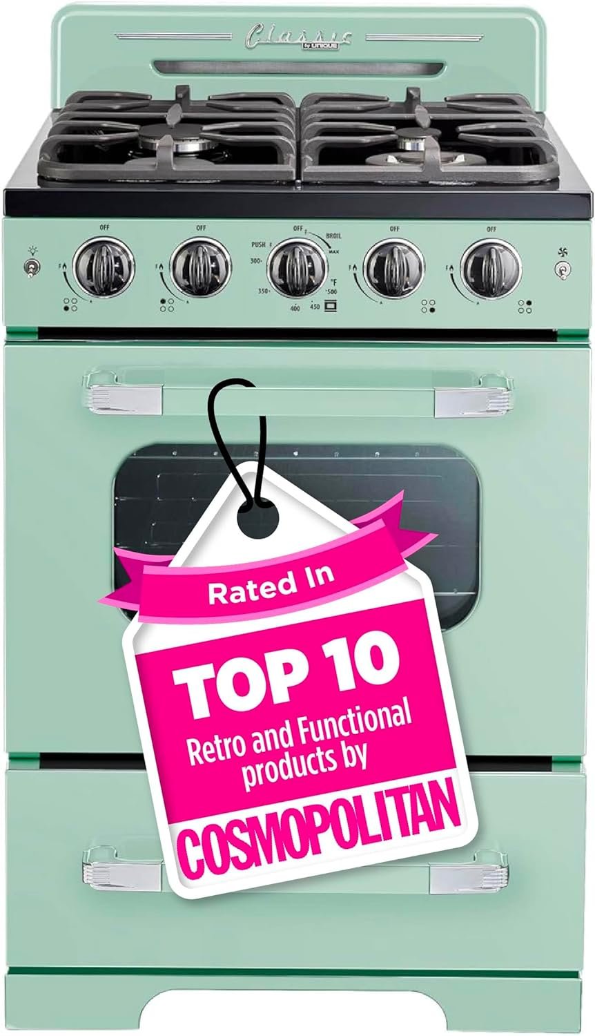 Unique Appliances UGP-24CR LG Classic Retro Freestanding Gas Convection Oven Light, Range with 4 Burners, 24", Summer Mint Green
