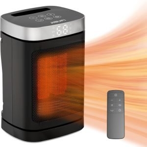 Small Portable Space Heater for Indoor Use - with 70°Rotating Feature, JIBUFI 1500W PTC Electric Heater, Rapid and Safe Heating, Remote Control, 1-12 Hr Timer for Bedroom, Office, etc, Silver