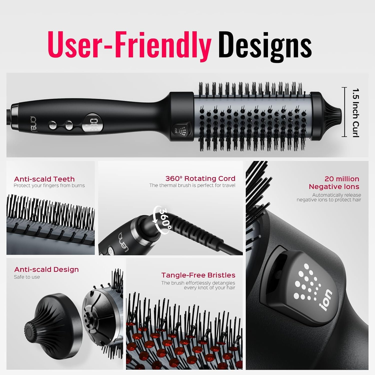 Thermal Brush,LENA 1.5 Inch All-in-1 blowout brush with Titanium Barrel-Infrared&Negative Ion Technology,Smooth,Frizz-Free Blowout,Styling&Drying Tool,5 Heat Settings,LED Display,Easy to Use,Black - Image 7