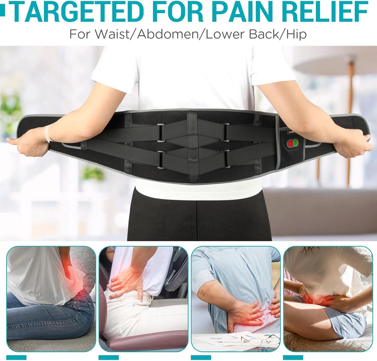 Comfytemp Cordless Heating Pad with Massager for Back Pain Relief, Portable Lower Back Massager FSA HSA Eligible, Wearable Heating Pads for Cramps with 3 Heat, Auto-Off, Birthday Gifts for Mom Dad 58" - Image 5