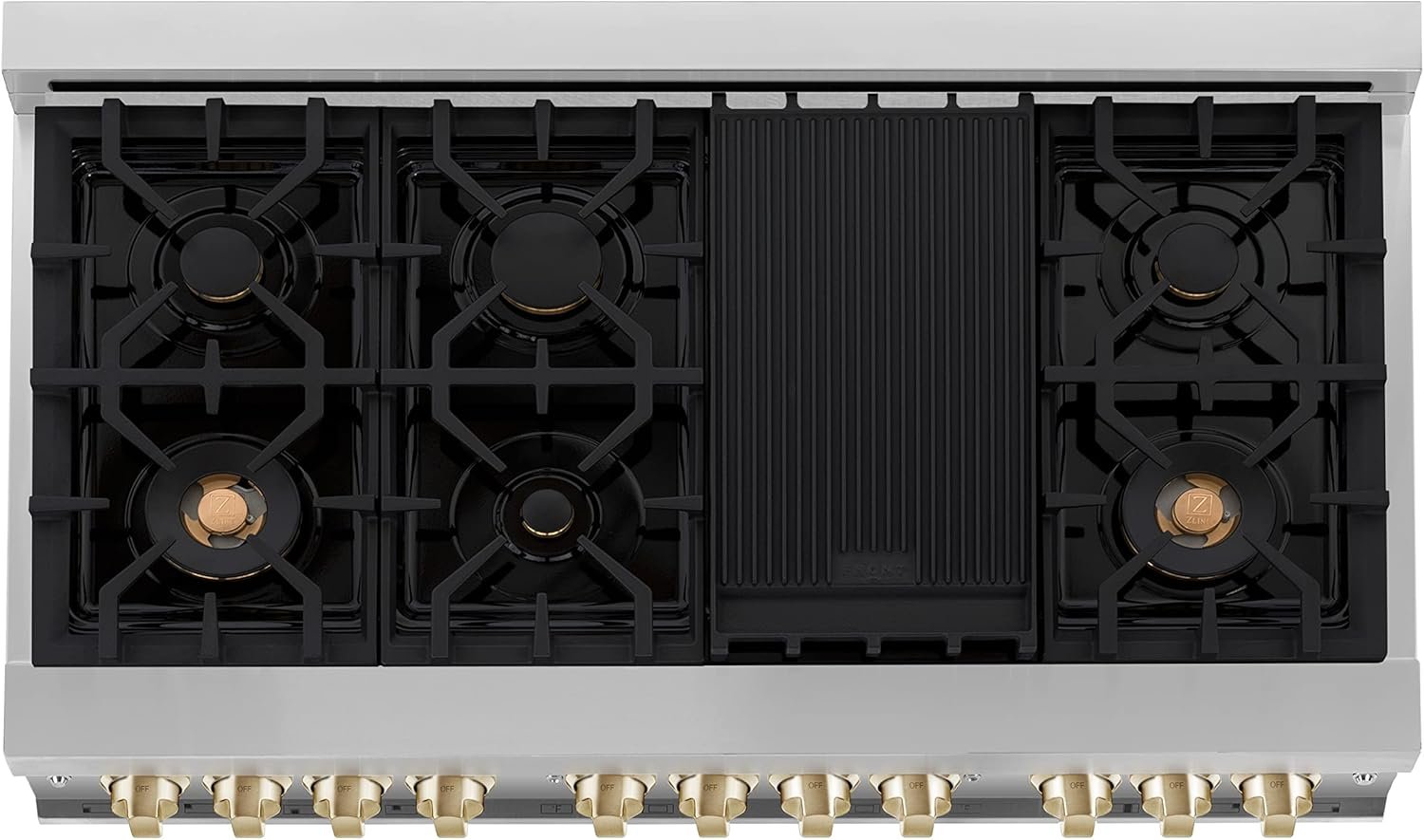 ZLINE Autograph Edition 48 in. 6.0 cu. ft. Legacy Dual Fuel Range with 7 Burner Gas Cooktop and 2 Electric Ovens in Stainless Steel and Polished Gold Accents (RAZ-48-G) - Image 4