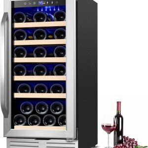 15 Inch Wine Fridge 32 Bottles Wine Cooler Refrigerator Undercounter Wine Fridge with Glass Door, LED Light, Removable Wooden Shelves, Built-in or Freestanding Wine Refrigerator for Home Office Bar